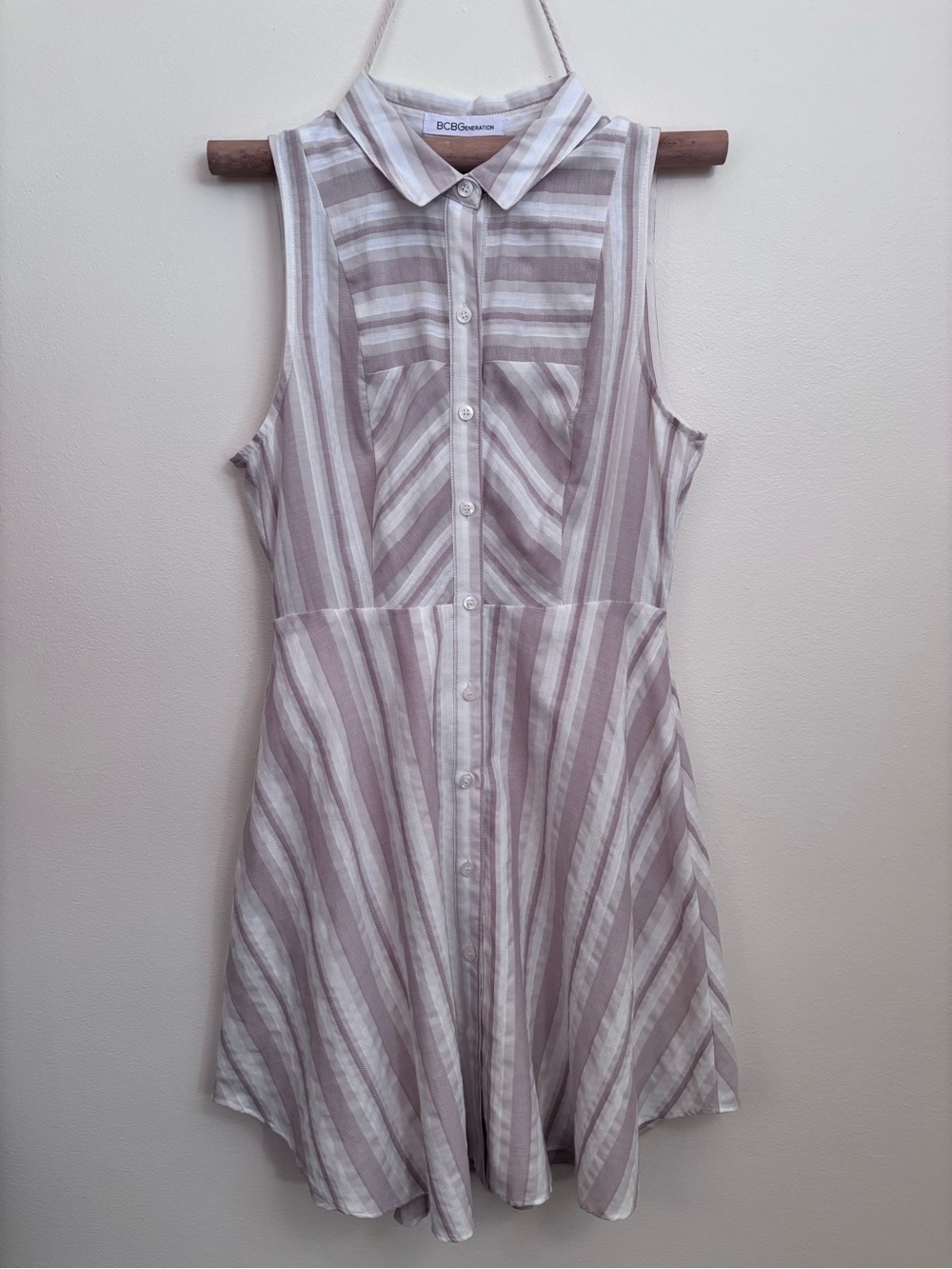 BCBGeneration Sleeveless Striped Mini Dress in Taupe and White